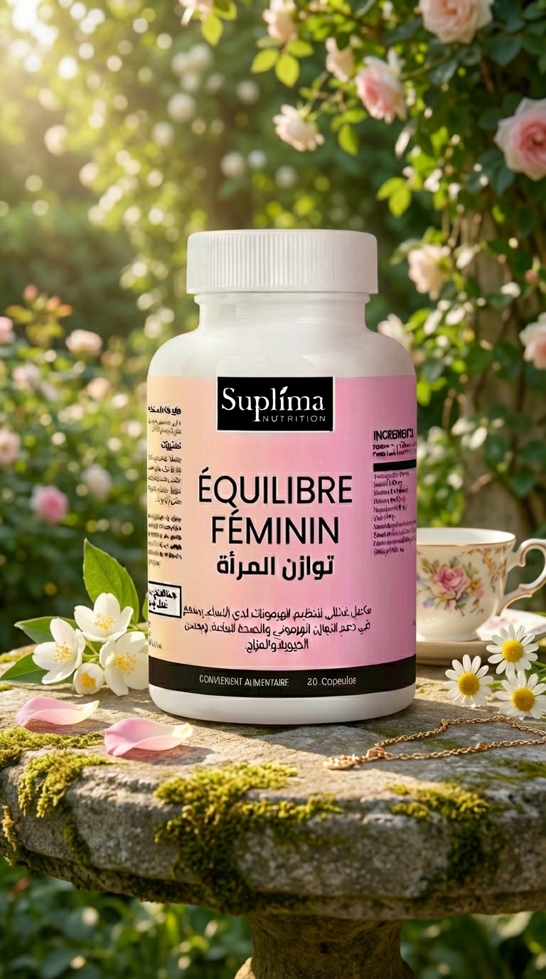 Flacon ÉQUILIBRE FÉMININ® dans un univers floral